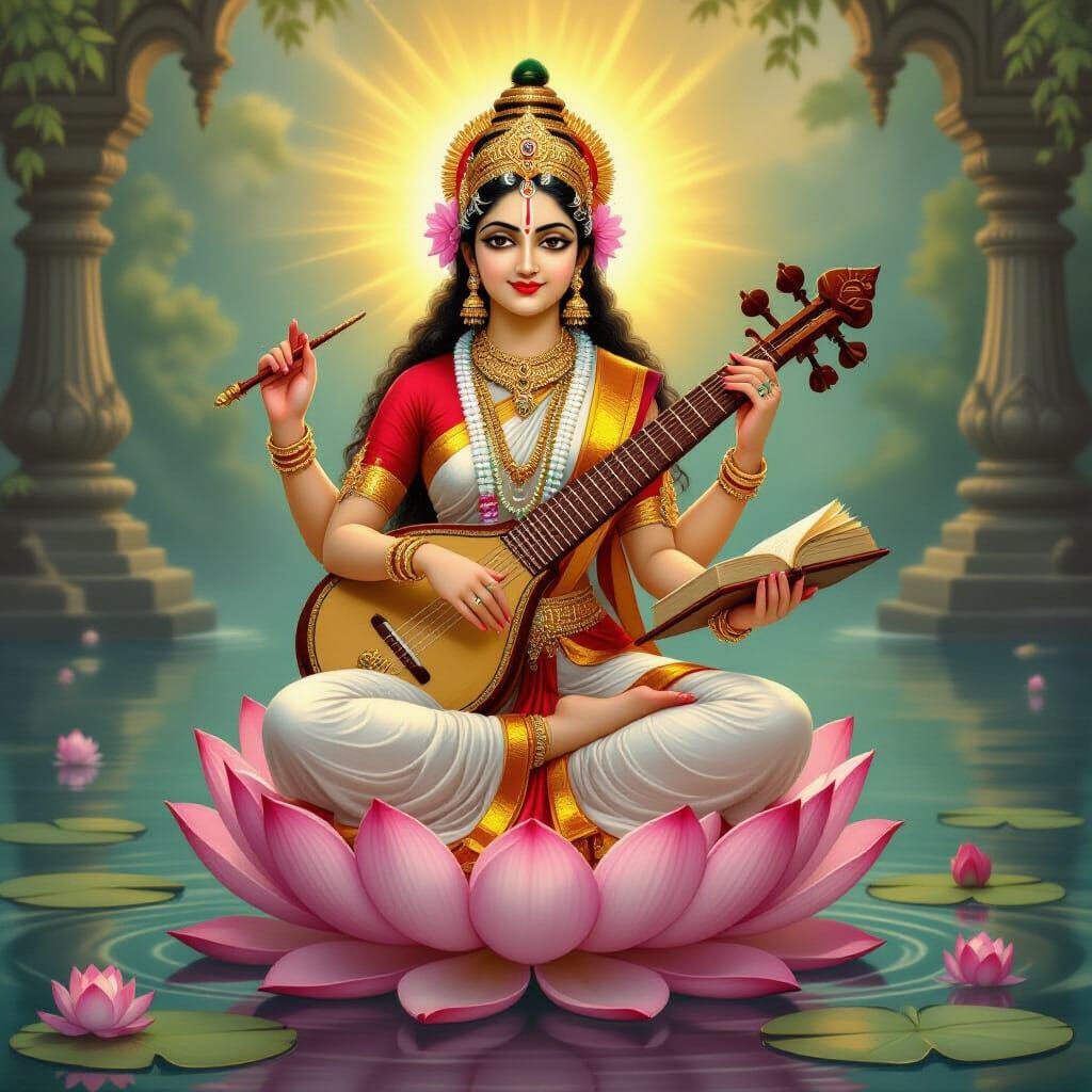 Sarasvati Goddess of Knowledge Seated on Lotus