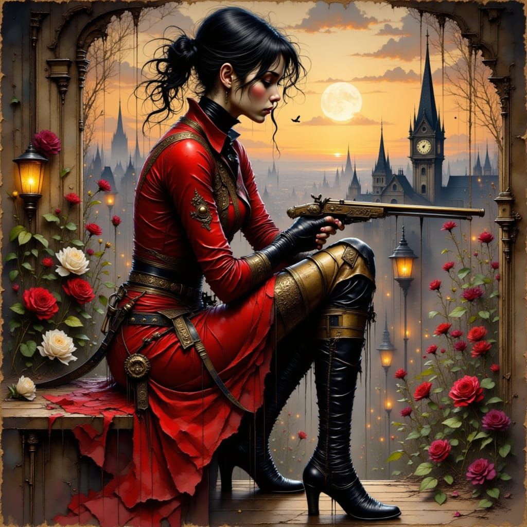 Musketeer Woman with Pistol in Crimson and Gold