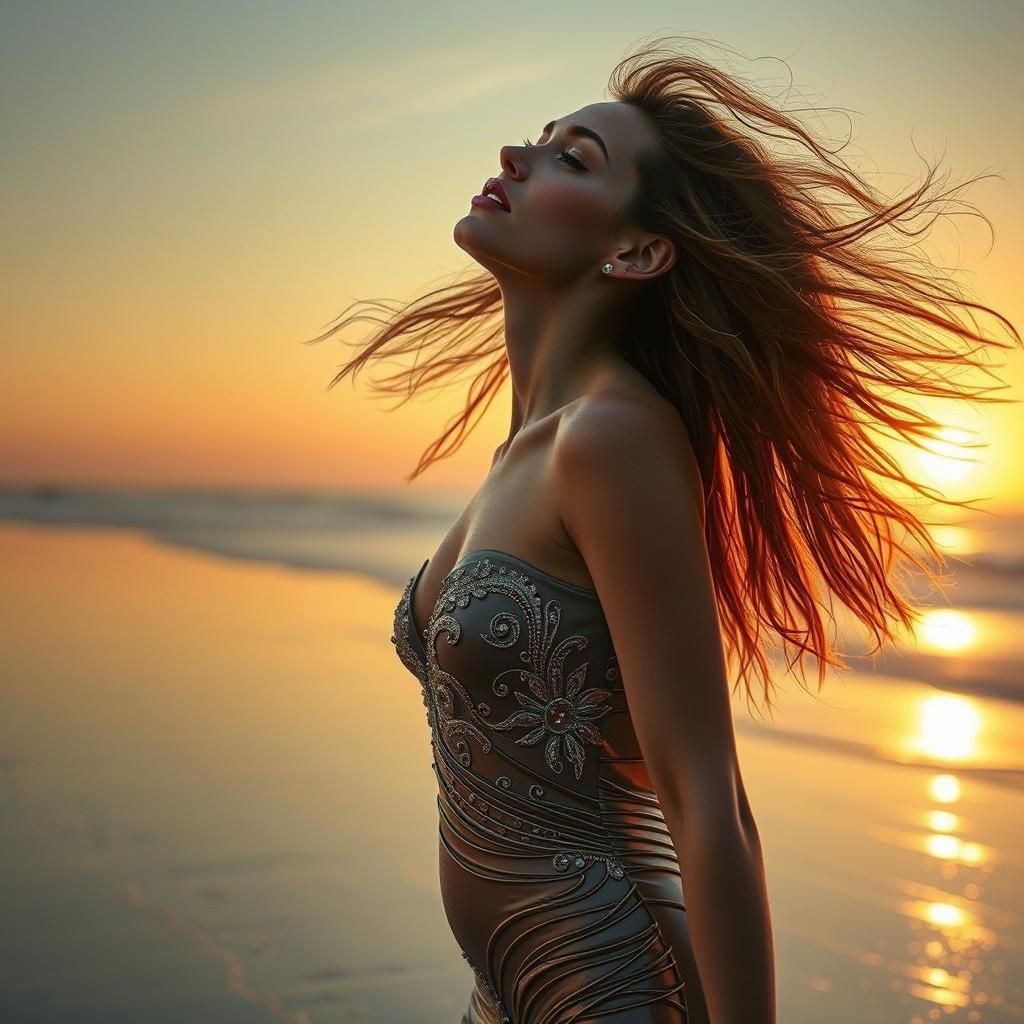 Woman in PVC Dress on Beach, Hyperrealistic Style