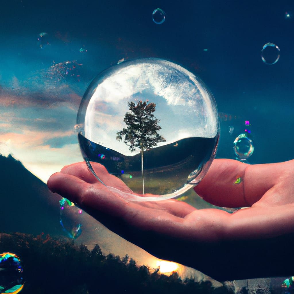 Water Bubble World: Tree, Moon, and Fireflies