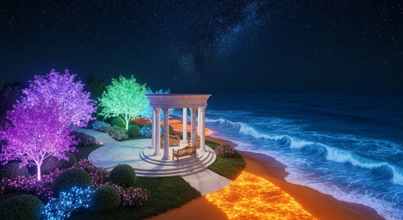 Serene Bioluminescent Night Garden and Ocean