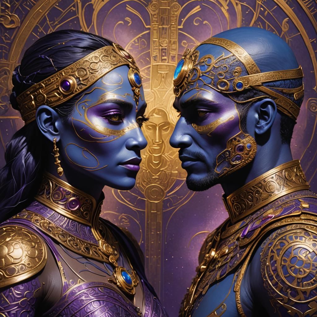 Blue Skinned Couple Portrait with Gold Bandages