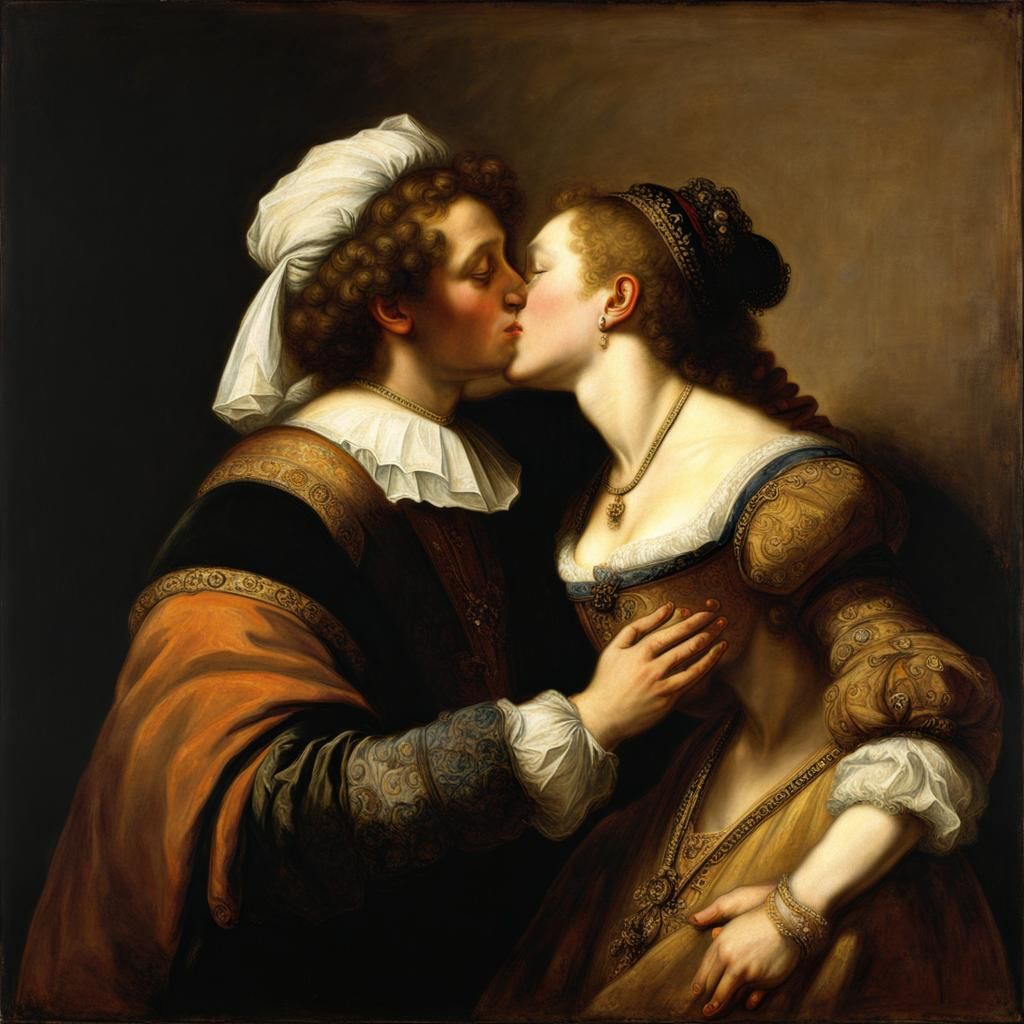 Romantic Kiss in Rembrandt Style