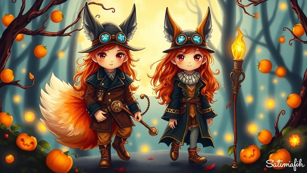 Chibi Wizards in Halloween Forest, Steampunk Style