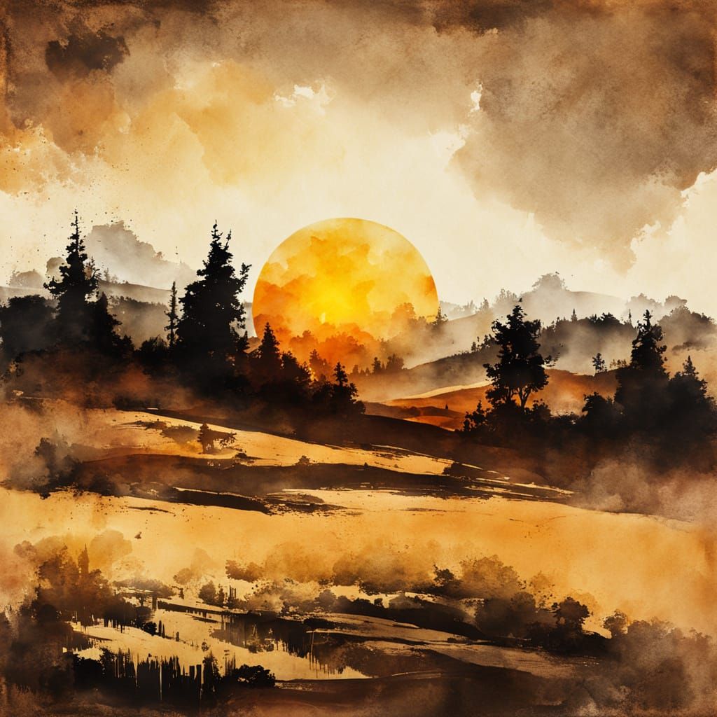 Bright Sun in Modern Ink Painting on Paper