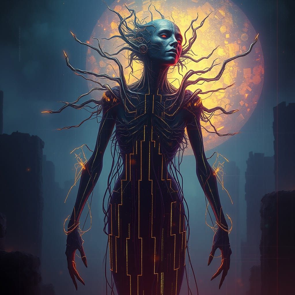 Ethereal, Glitched Dark Fantasy Figure in Neon-Lit Code