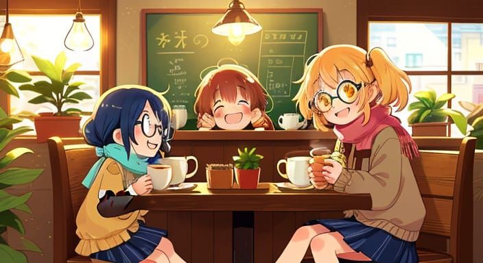 Three Anime Girls Enjoy Coffee in a Cozy Café