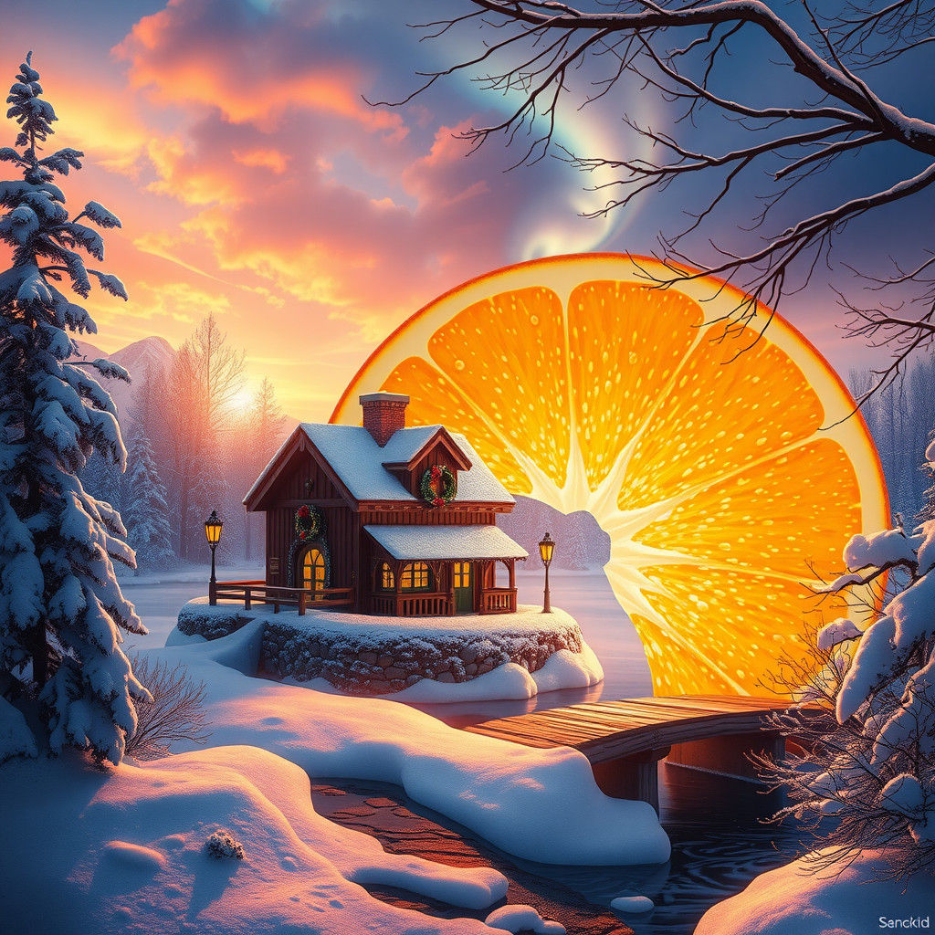 Dreamlike Winter Wonderland in Vibrant Sunset Hues
