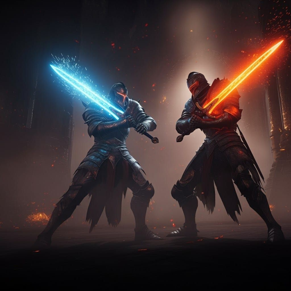 Armored Warriors Clash in Ethereal Light