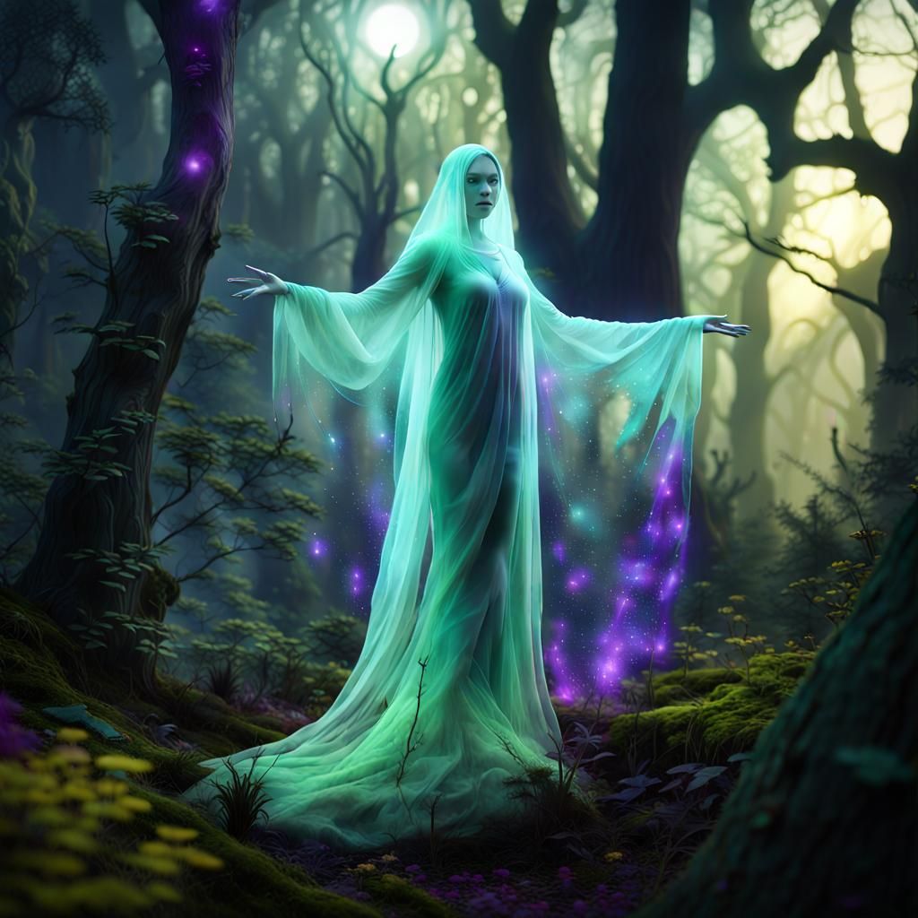 Luminous Ghost Floats Through Ancient Forest