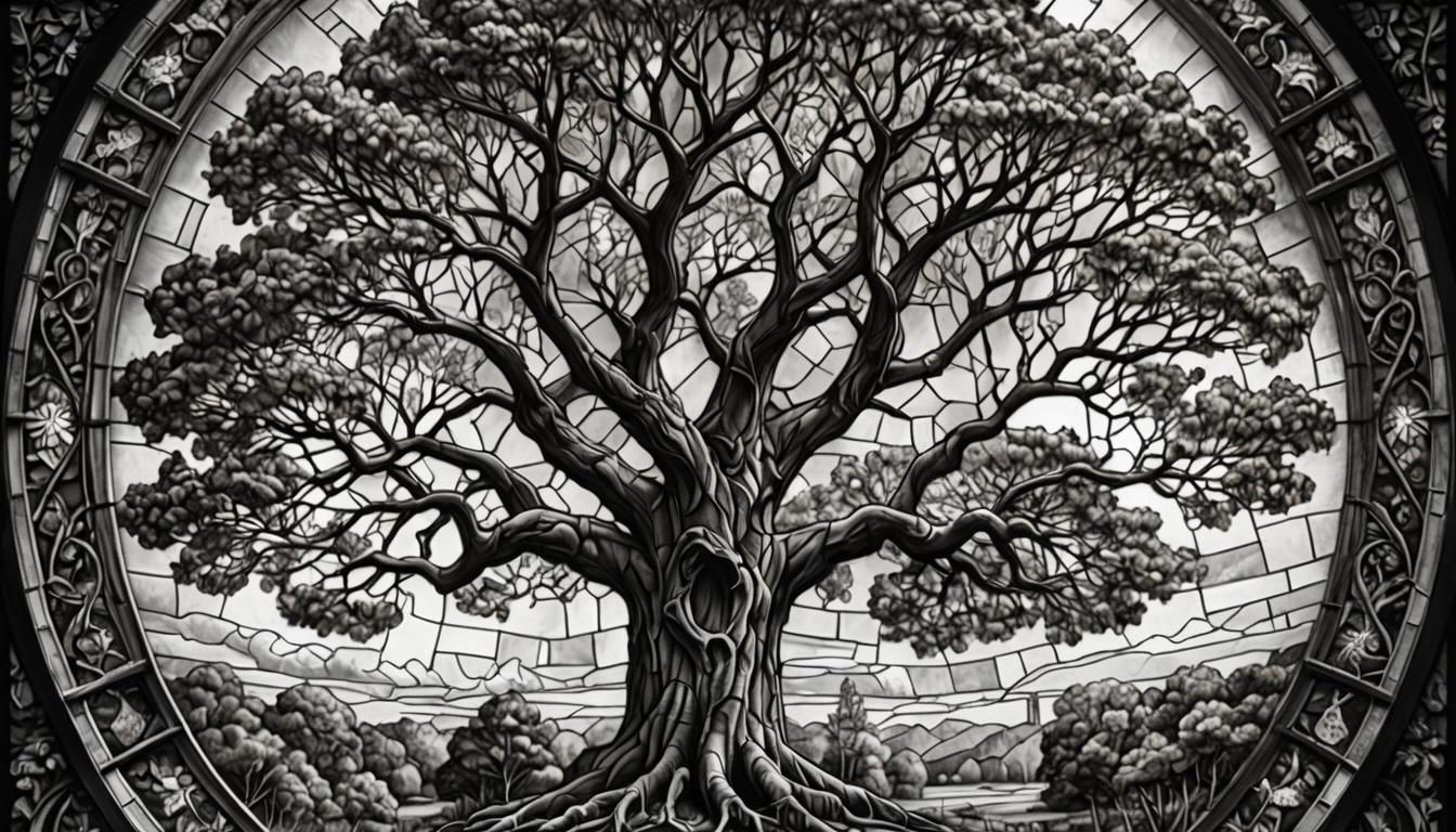 Detailed Stained Glass Tree Charcoal Drawing