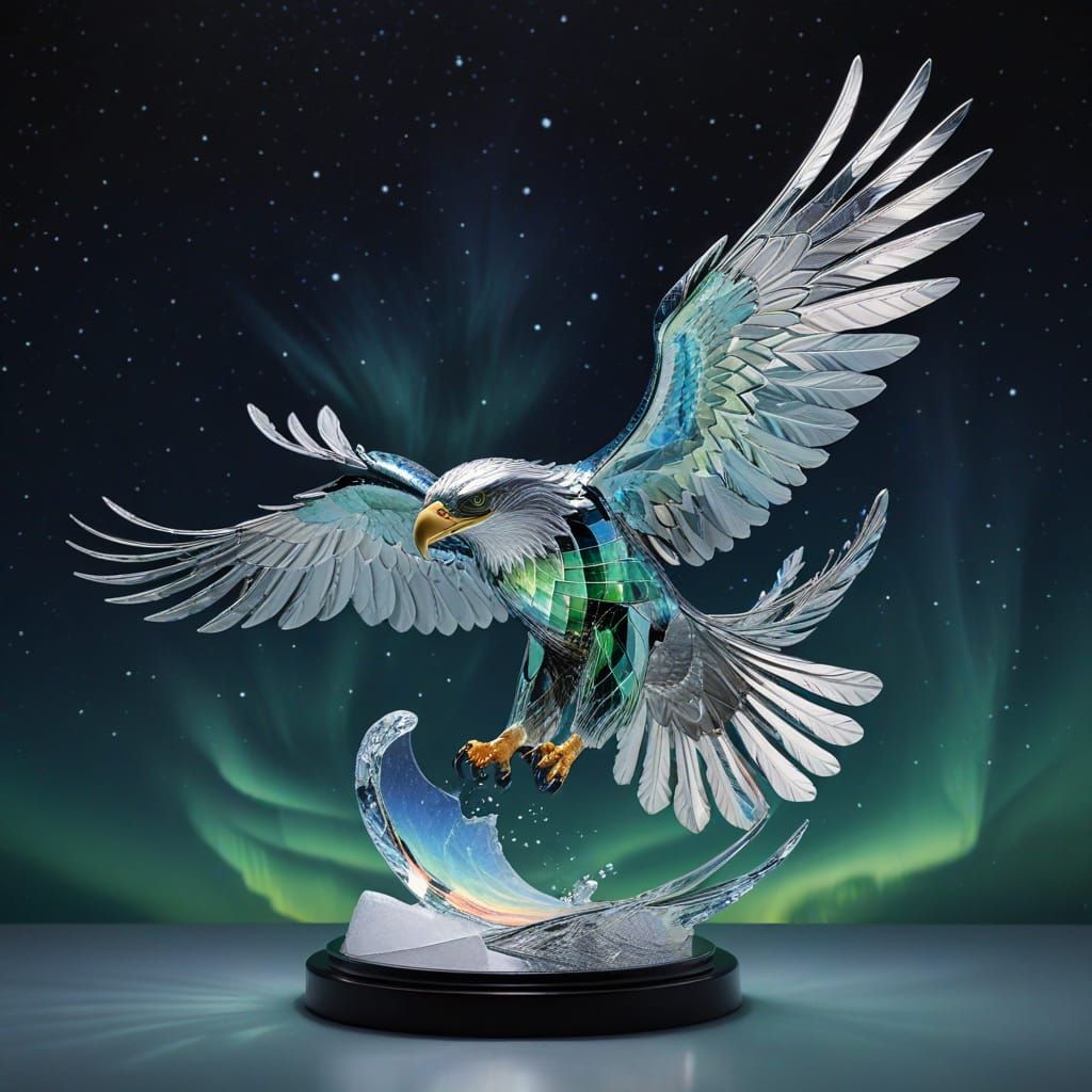 Chrome Eagle Soaring Under Arctic Aurora