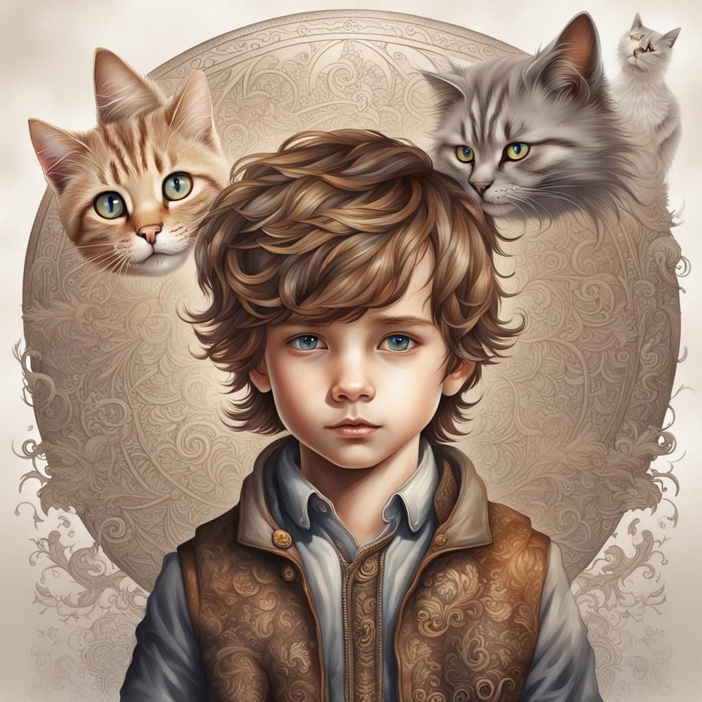 Cute Caramel-Skinned Boy with Cat, Ethereal Fantasy Art