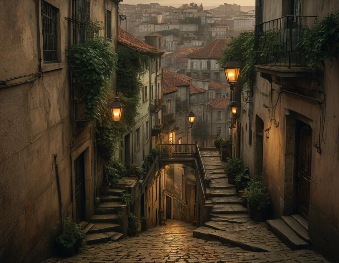 Portuguese Alleyway in Golden Hour Light