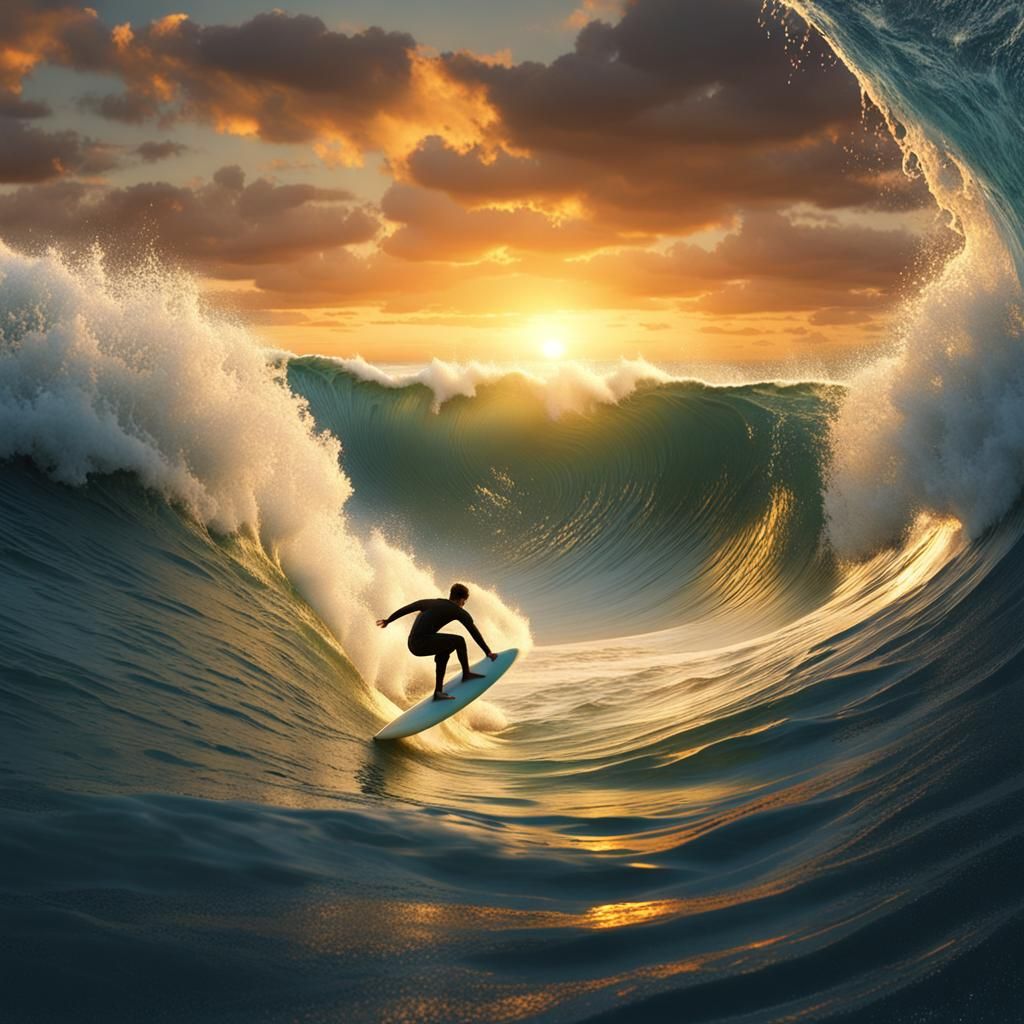 Surfing a Wave at Golden Hour
