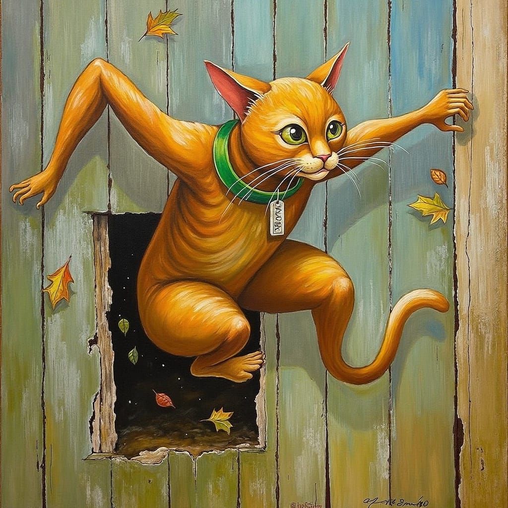 Cat's Dramatic Leap to Freedom: Expressive Illustration