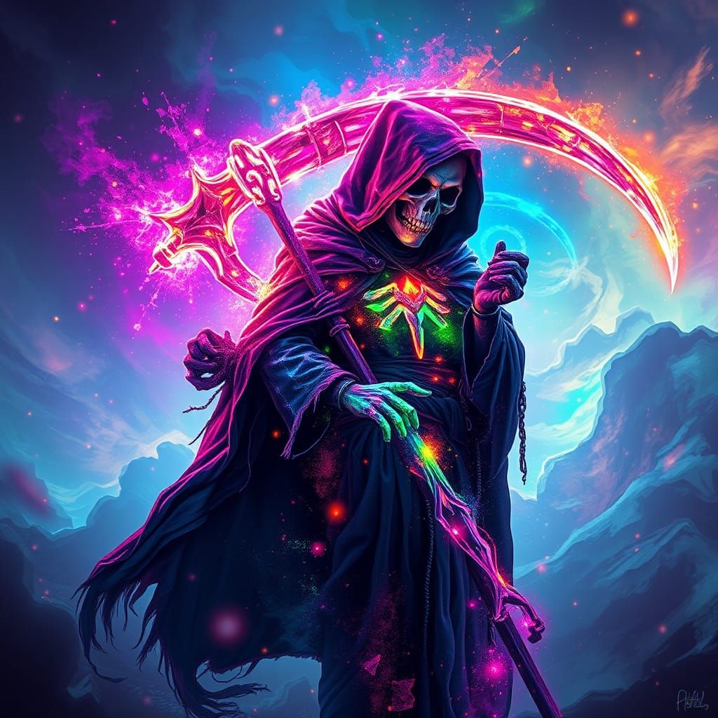 Neon Grim Reaper Disintegrating into Rainbow Shards