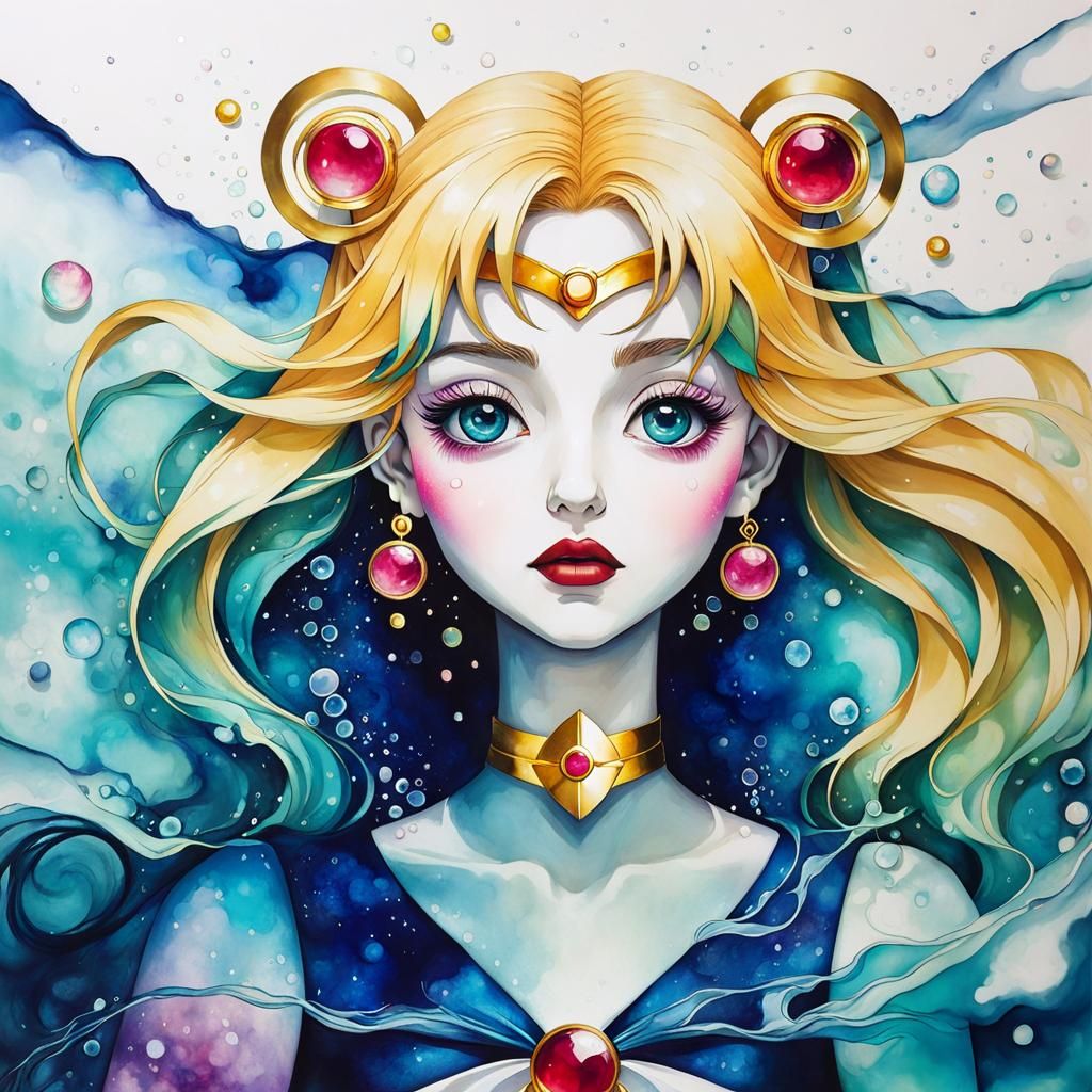 Surreal Sailor Moon Masterpiece in Alcohol Ink Style