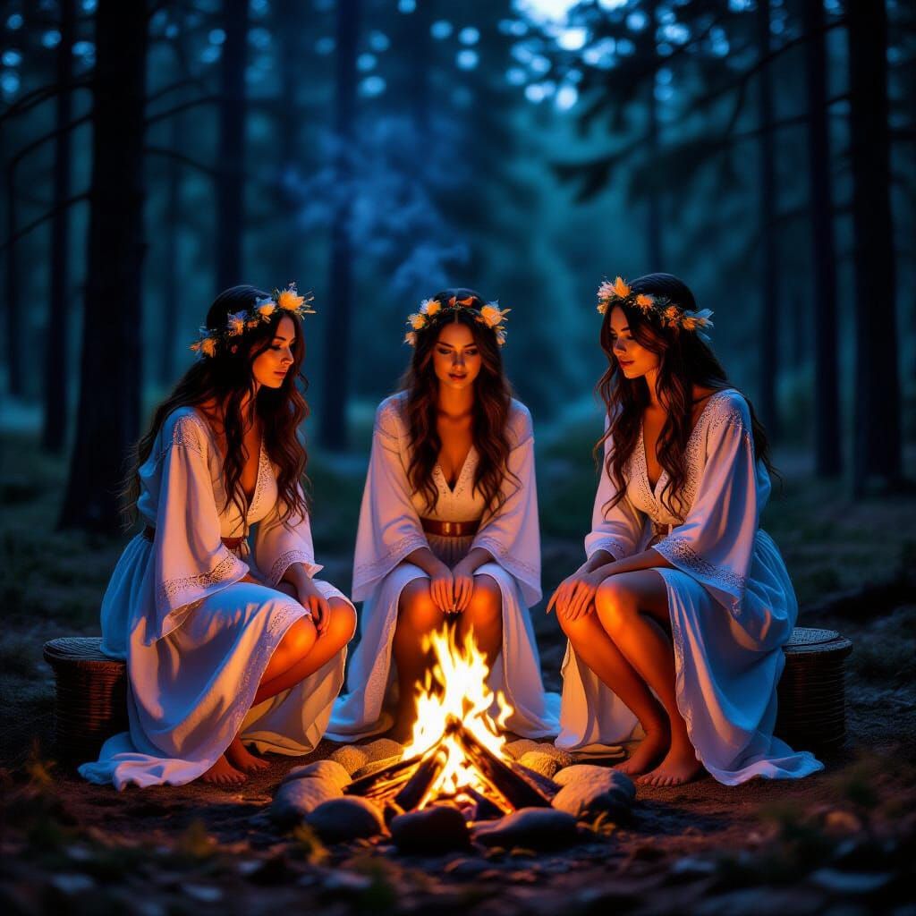 Mystical Witches Dance Around Campfire at Night