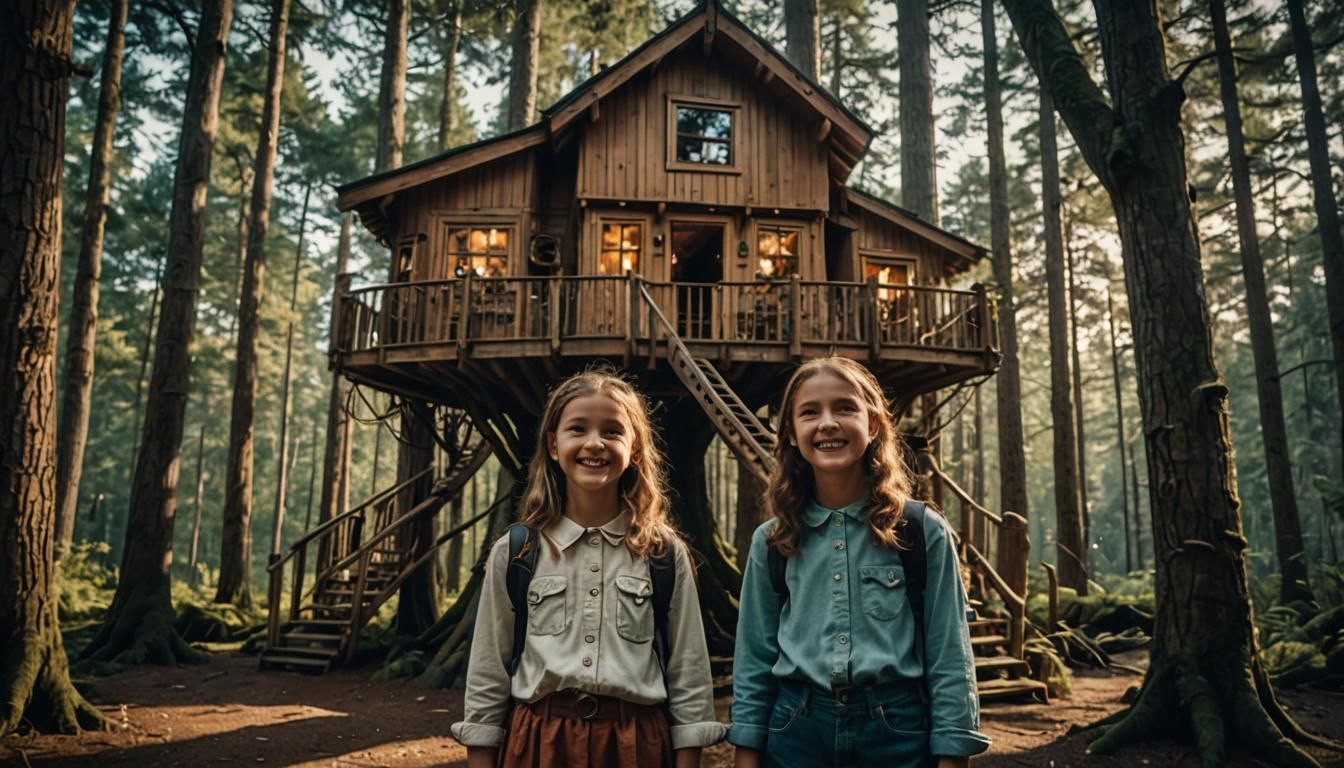 Sisters Beside a Fancy Treehouse in Forest