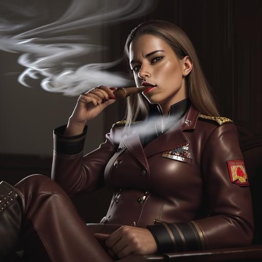 Female Officer in Burgundy Leather Uniform Smoking Cigar