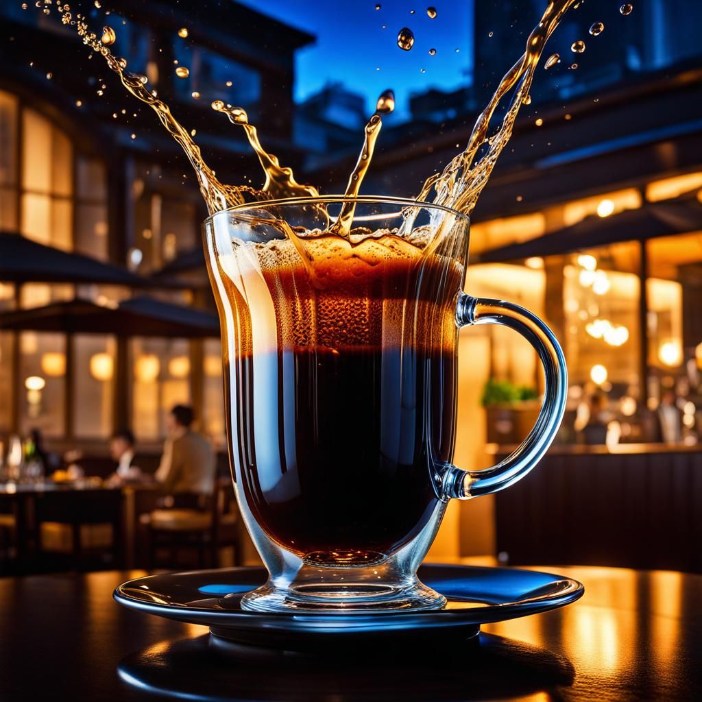 Black Coffee Splash in Glass Mug, Hyperrealistic Photography