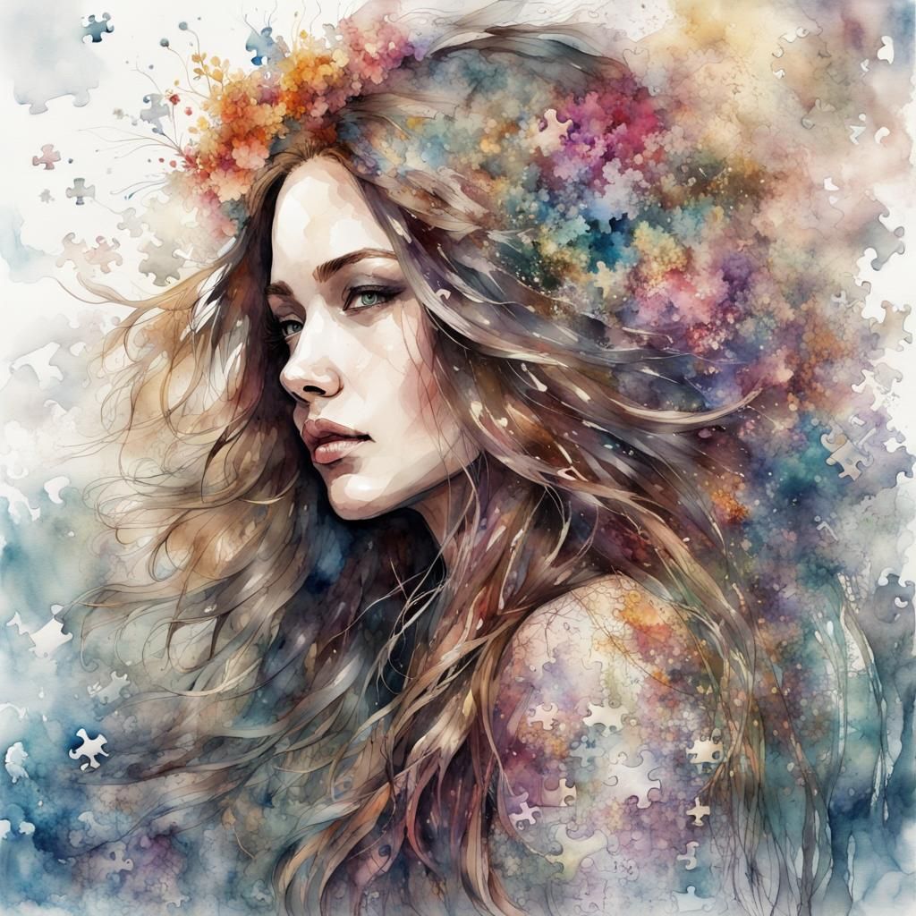 Watercolor Woman with Puzzle Pieces and Floral Patterns
