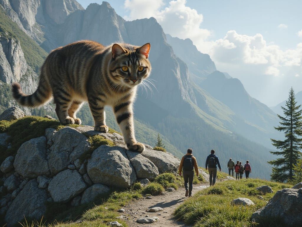 Colossal Cat Overlooks Mountain Hikers