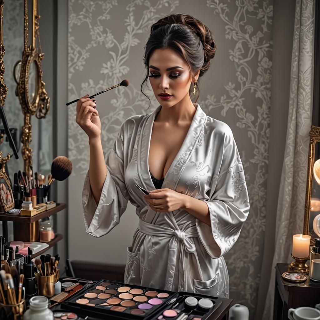 Woman in Robe Doing Makeup: Hyperrealistic Image