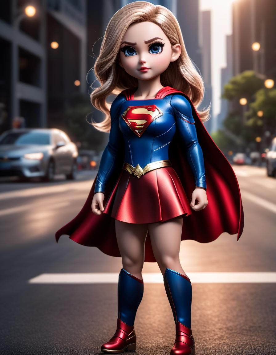 Hyperrealistic Chibi Supergirl with Exaggerated Features