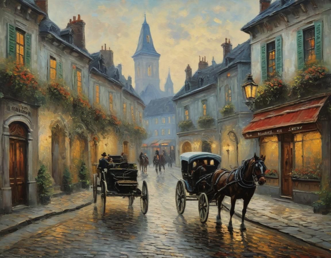 Romantic Village Scene in Impressionistic Style