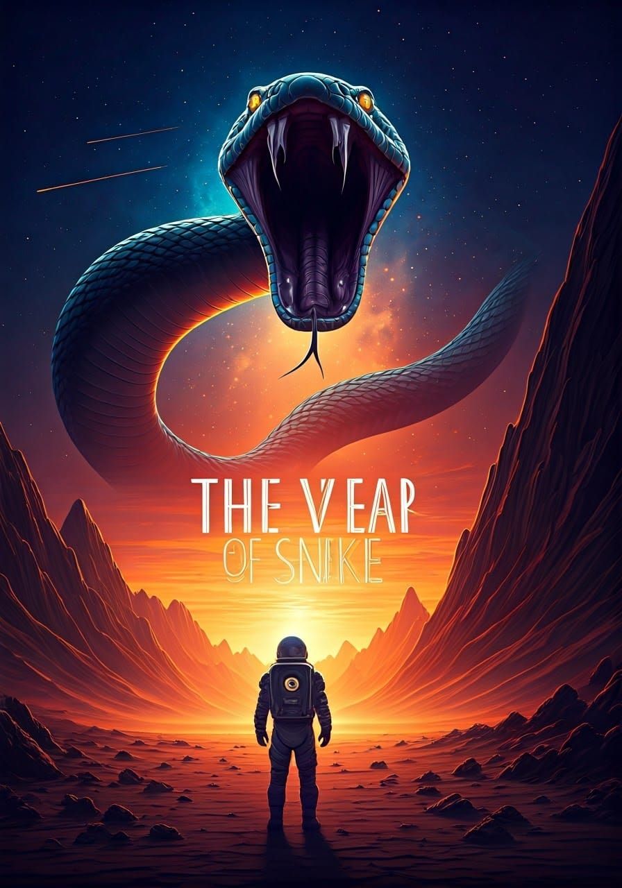 Cosmonaut Confronts a Celestial Serpent in a Desertic Cosmos