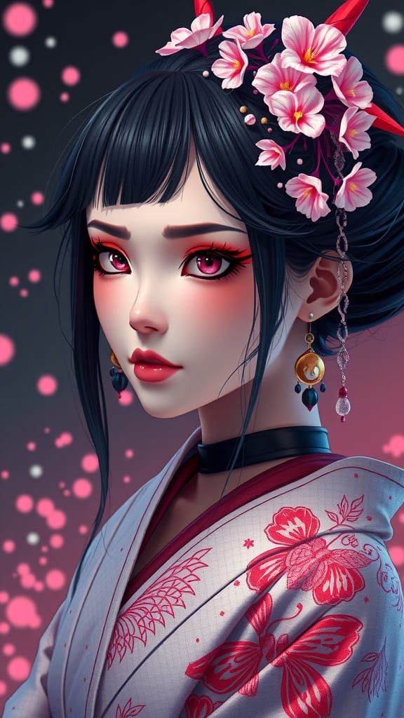 Ethereal Geisha Portrait in Vibrant Sakura Emo Goth Style
