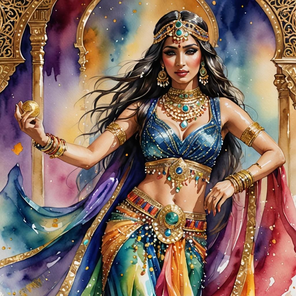 Elegant Arabian Belly Dancer in Watercolor Style