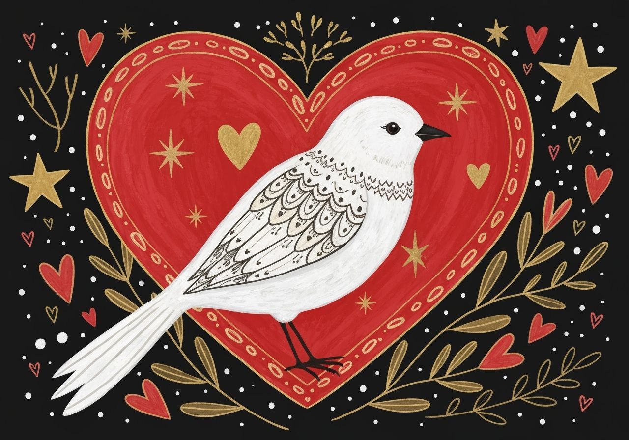 Whimsical Bird Amidst Heart and Stars in Folk Art Style