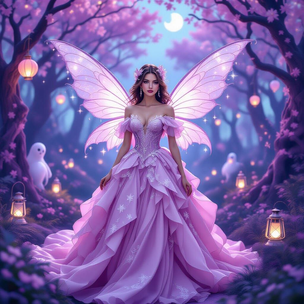 Ethereal Woman in Silk Gown in Dreamy Pastel Forest