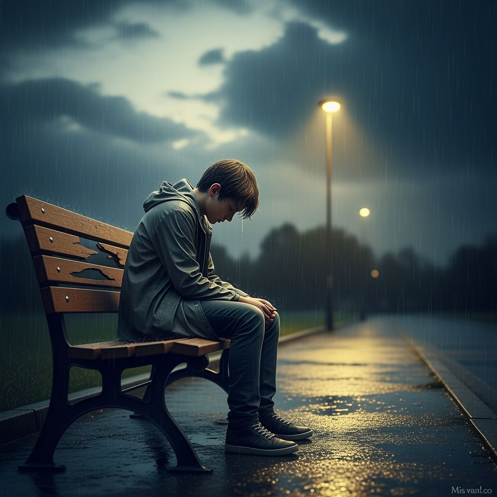 Lonely Boy in Rain: Atmospheric Cinematic Image