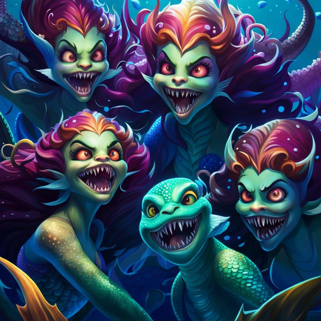 Evil Mermaids Smile Hungrily in Horror Artwork