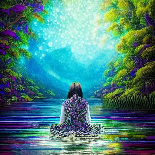 Contemplative Lady by River with Abstract Patterns