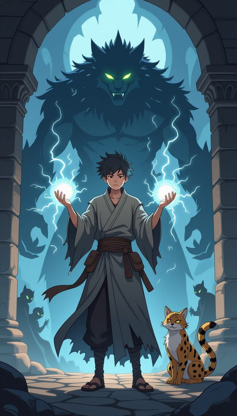 Mystical Energy Channeling Teen Boy in Shadowy Dungeon