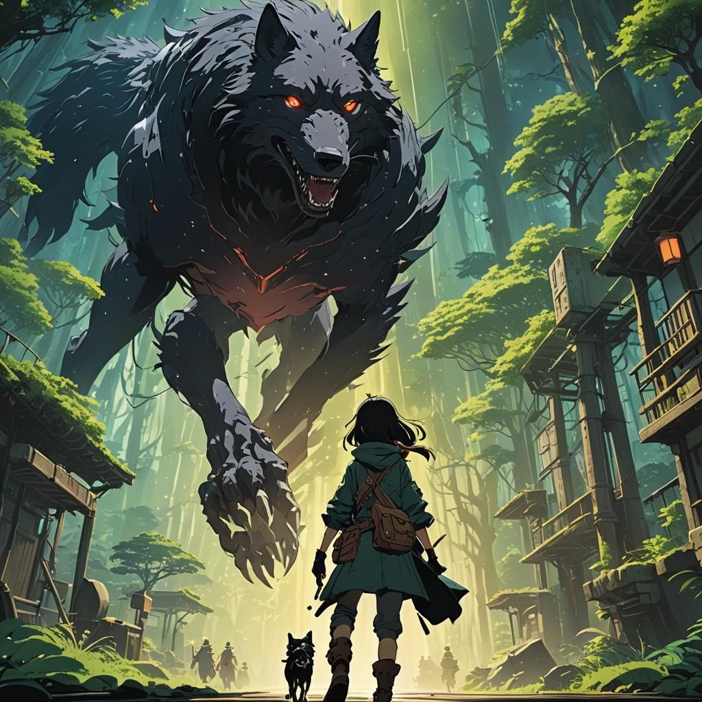 Anime Bounty Hunter Confronts Cosmic Wolf in Ghibli Style