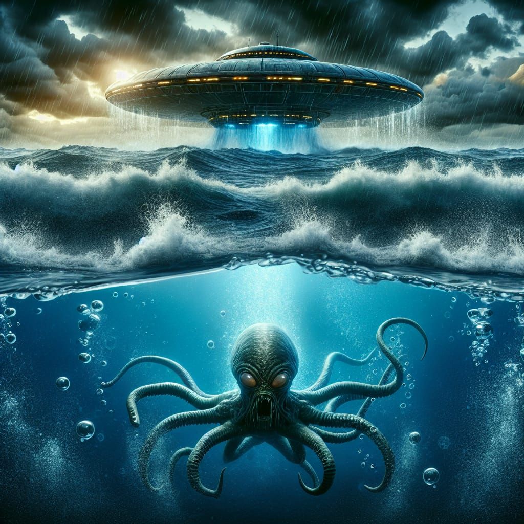 Alien Creature Attacks UFO from Ocean Depths