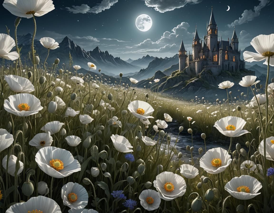 White Poppies Under Moon: Detailed Matte Painting