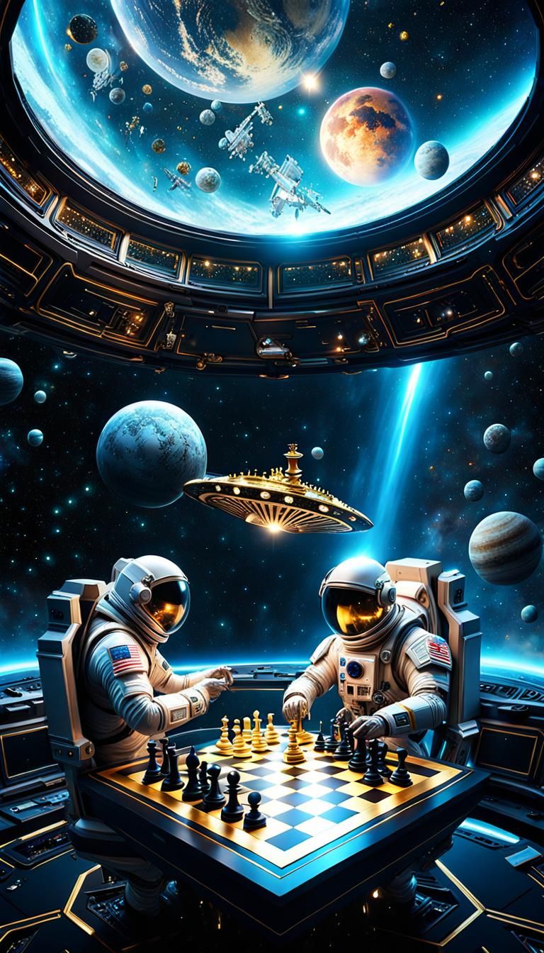 Astronaut and Alien Chess Game in Zero Gravity