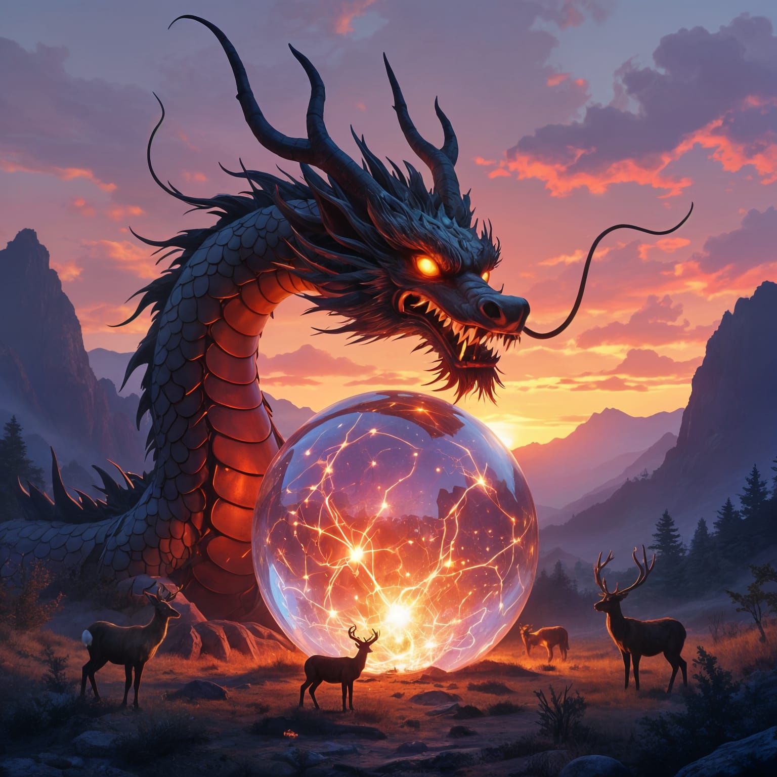 Chinese Dragon Embraces Glowing Orb at Sunset
