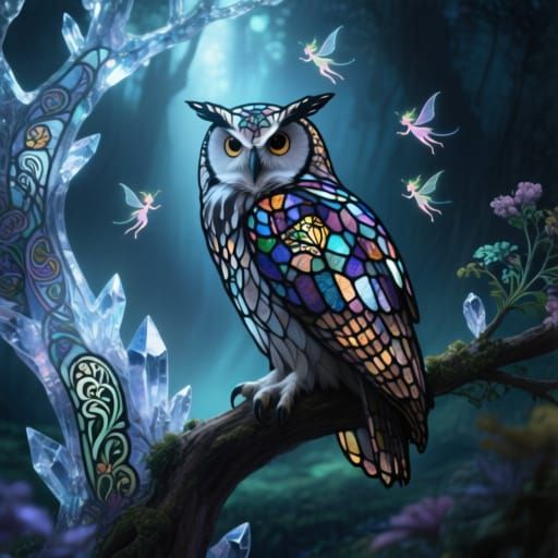 Majestic Stained Glass Owl in Surreal Crystal Glade