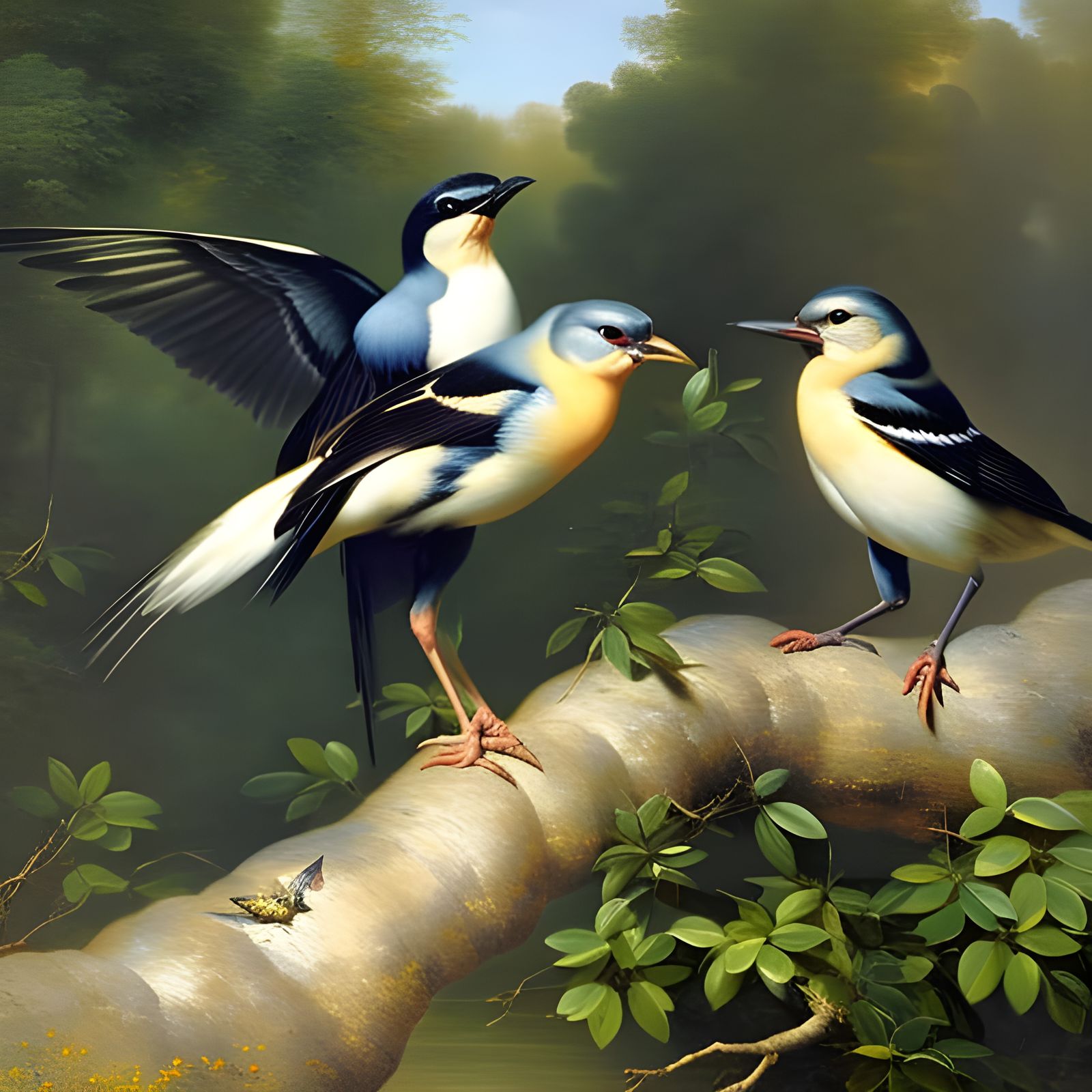 Wild Birds Squabbling Over Raspberries: Oil Painting