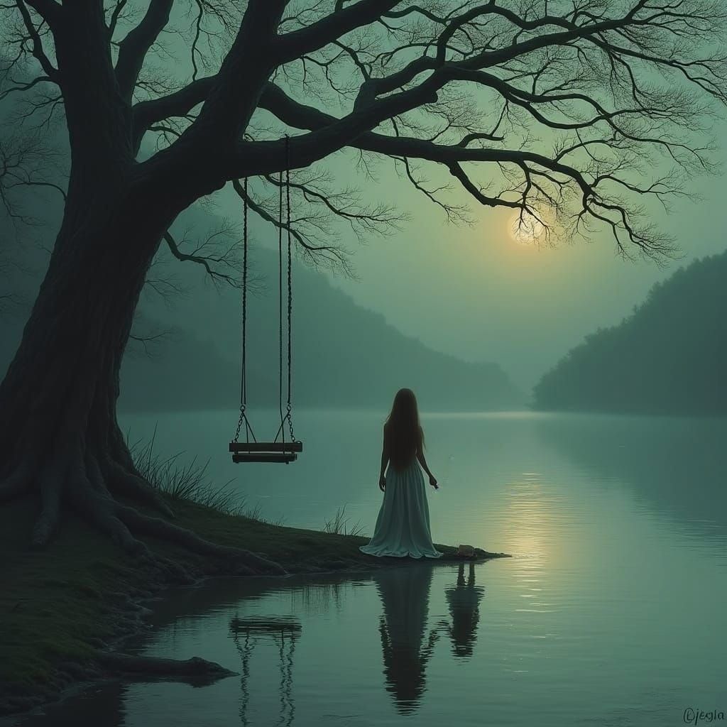 Lakeside Mother and Daughter in Reflected Fantasy Art