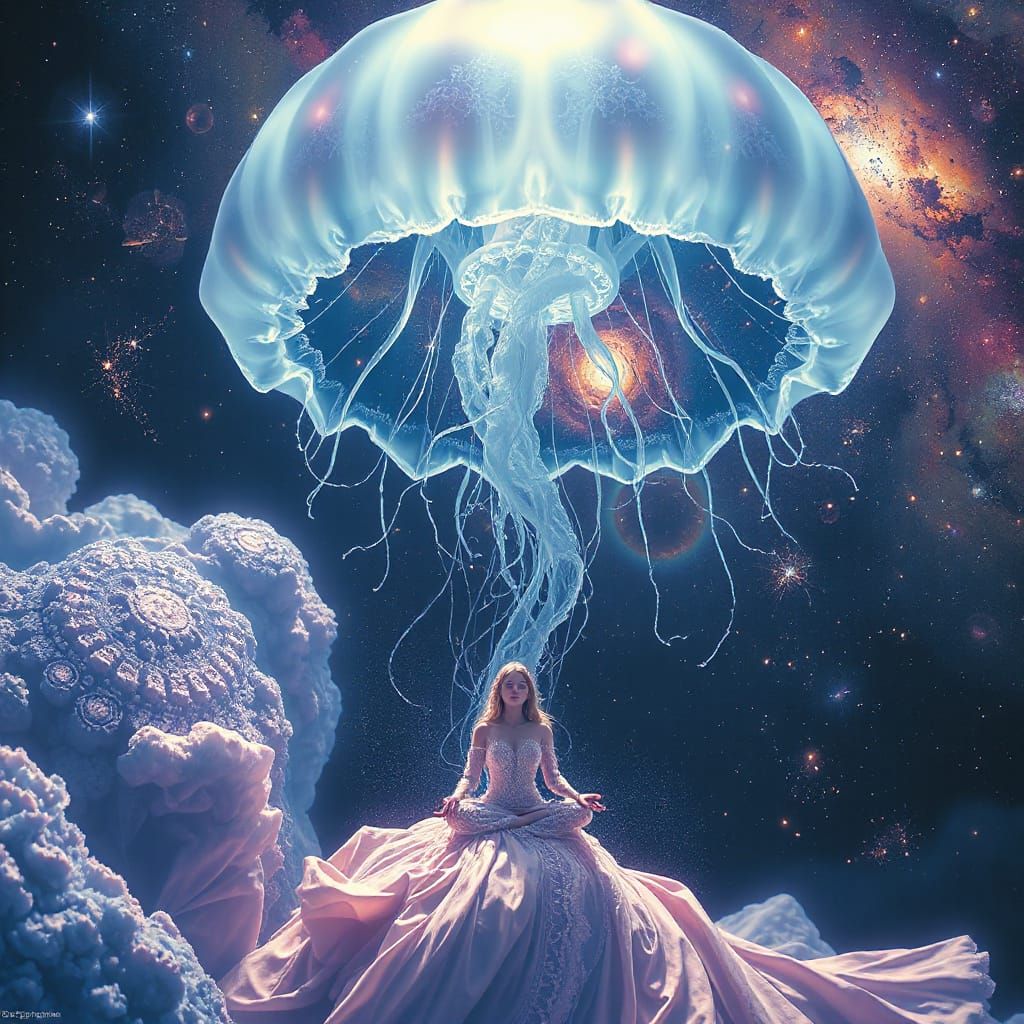 Cosmic Bioluminescent Jellyfish with Meditating Goddess