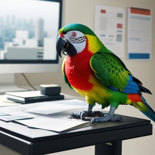 Organized Office Scene with Parrot in Documentary Photograph...